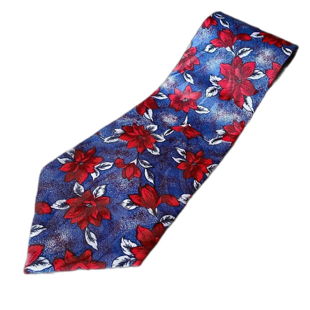Henry Alan Necktie Men's Floral Red Blue Satin 3.75" x 56" Made in USA Neckwear